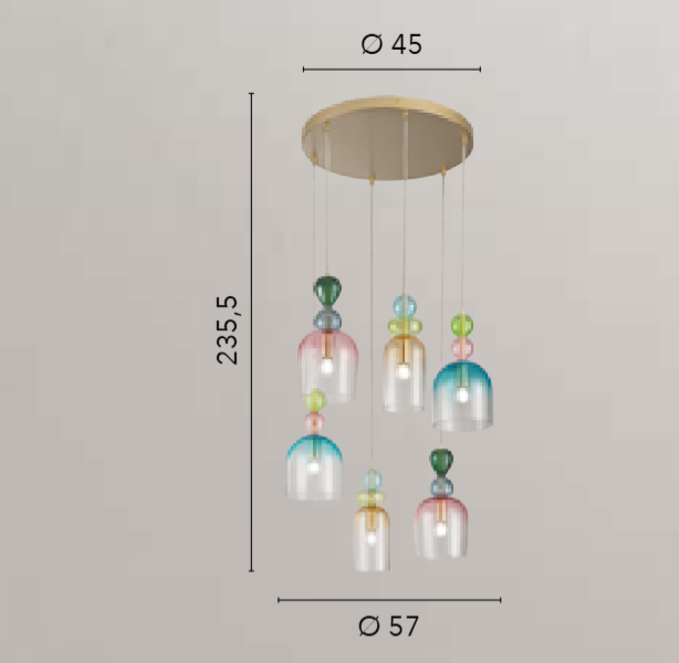 Sospensione colori floreali diffusori in vetro struttura metallo oro satinato attacco E14 GAUDI Sospensione colori floreali diffusori in vetro struttura metallo oro satinato attacco E14 GAUDI